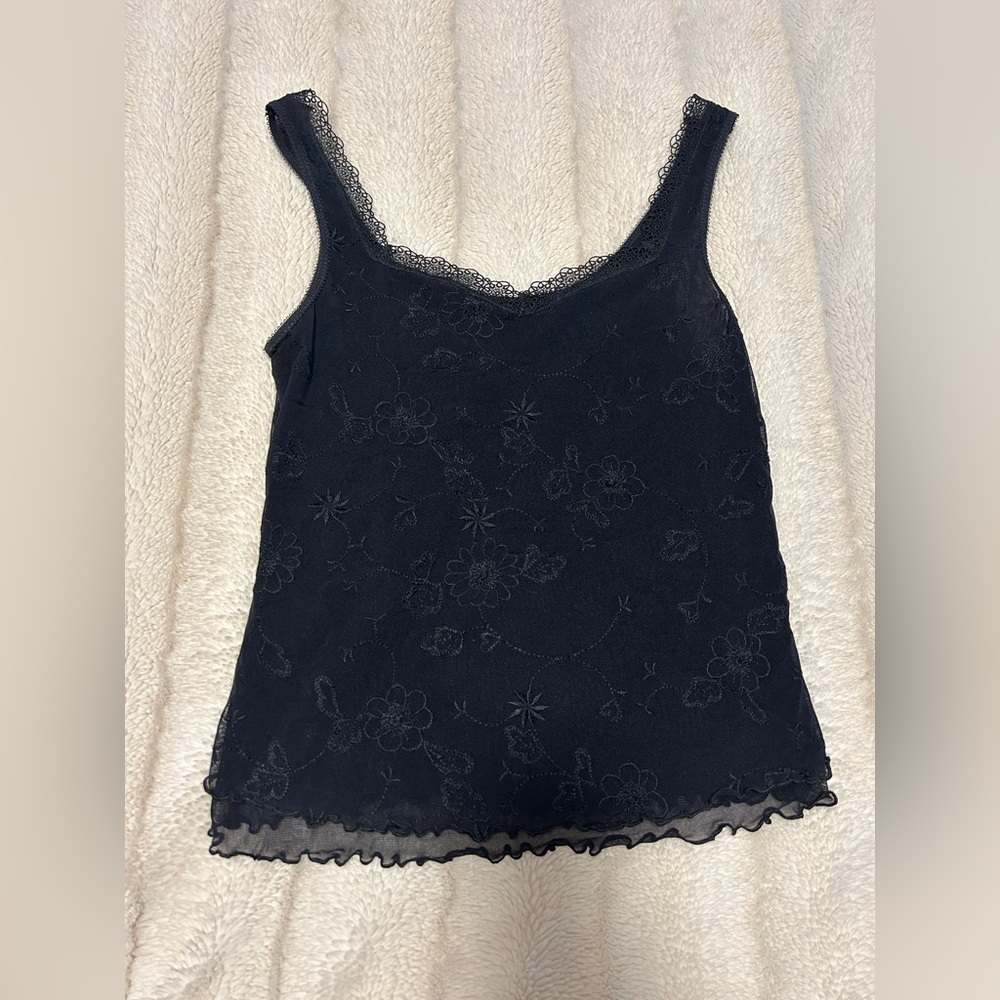 Black sheer floral lace tank top